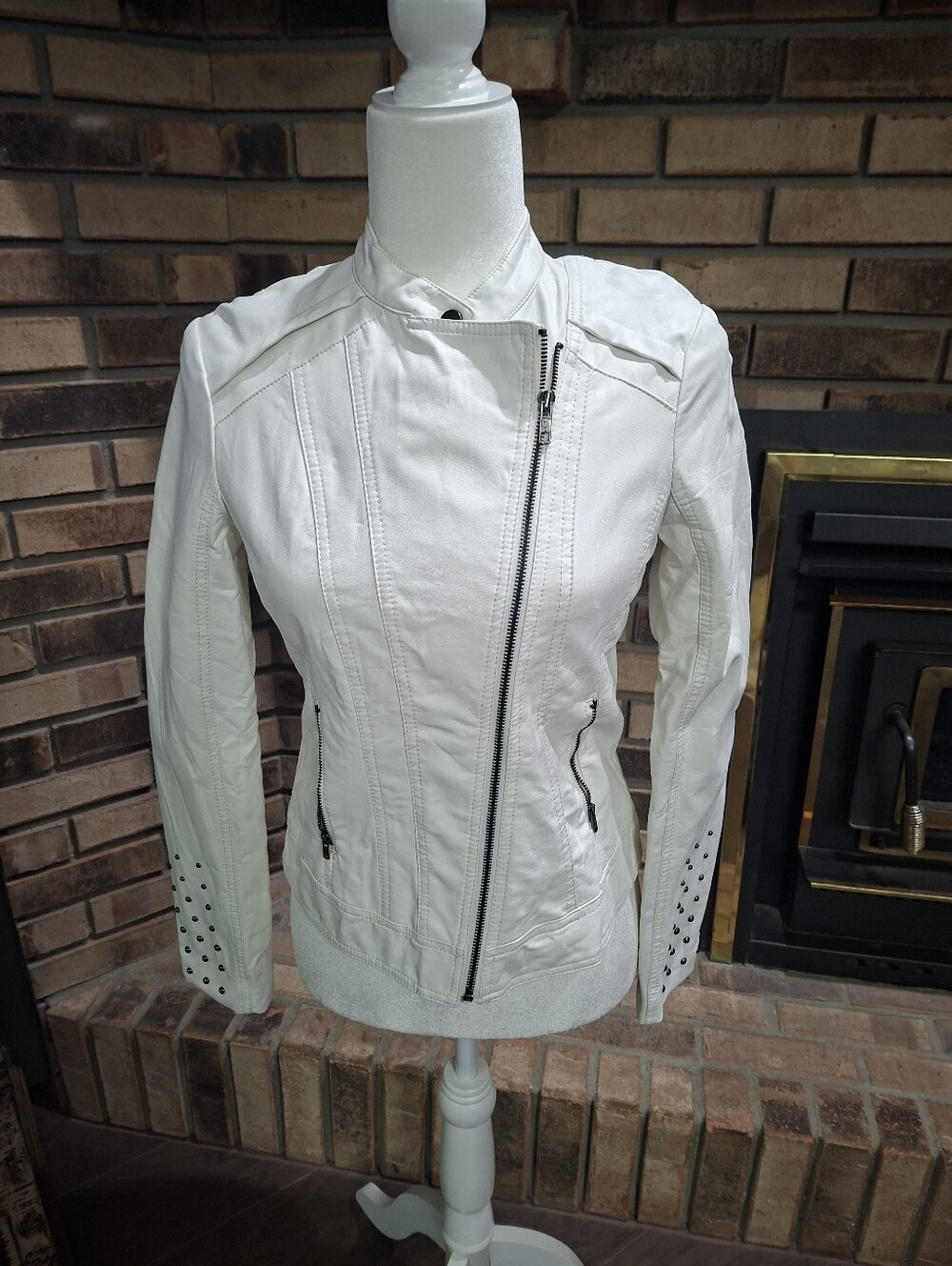I Love RONSON White Womens Faux Leather Moto Jacket with Studded Cuffs.